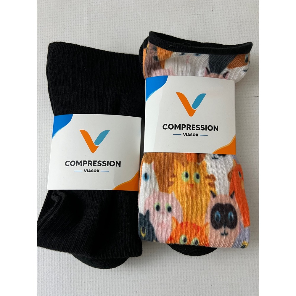 Viasox Compression Socks Unisex M/L Black & Cat Print 2